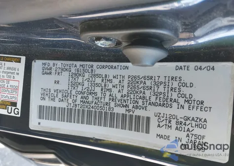 2004 Lexus Gx 470 from USA, damaged, VIN JTJBT20X240050183